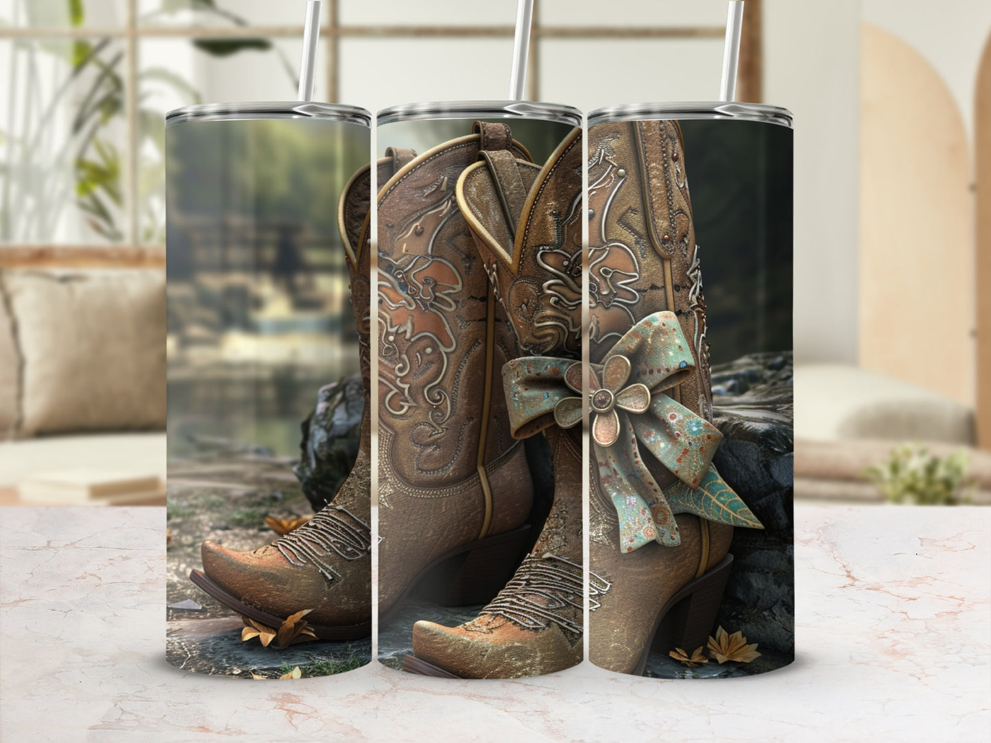 Brown leather cowboy boots with floral designs and a teal ribbon bow.