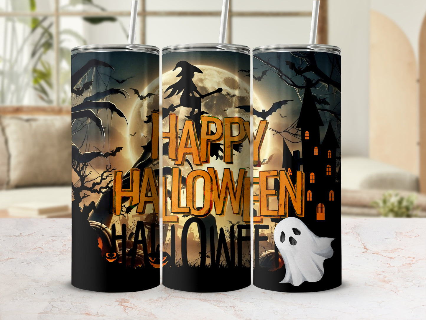 Three tumblers with a "Happy Halloween" design featuring a witch, bats, spooky houses, and a ghost.