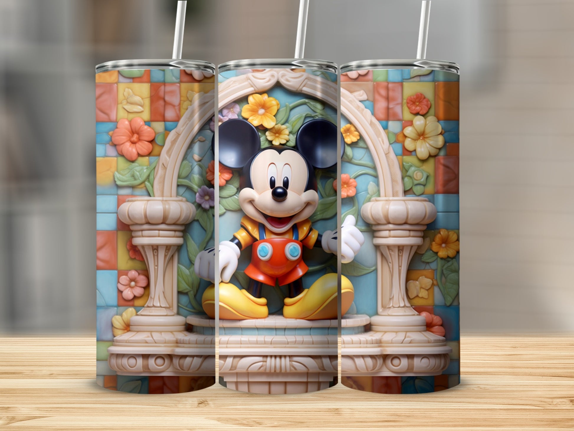 Colorful Vibrant Mickey Mouse Tumbler with Floral Design