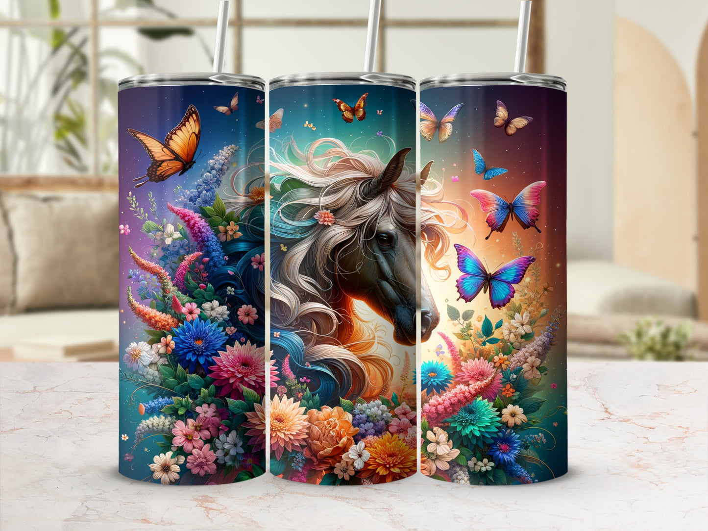 Horse with flowing mane surrounded by colorful flowers and butterflies.