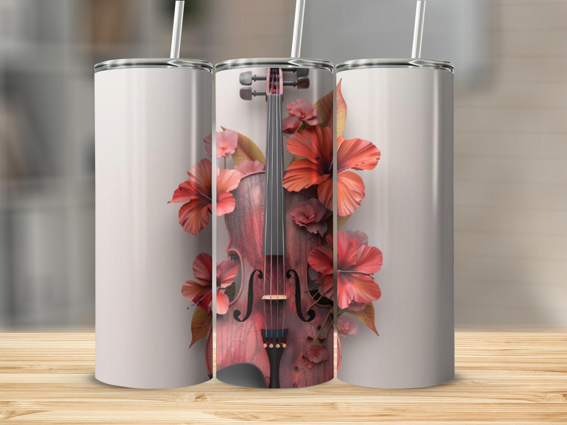 Violin and flowers design on a white tumbler.