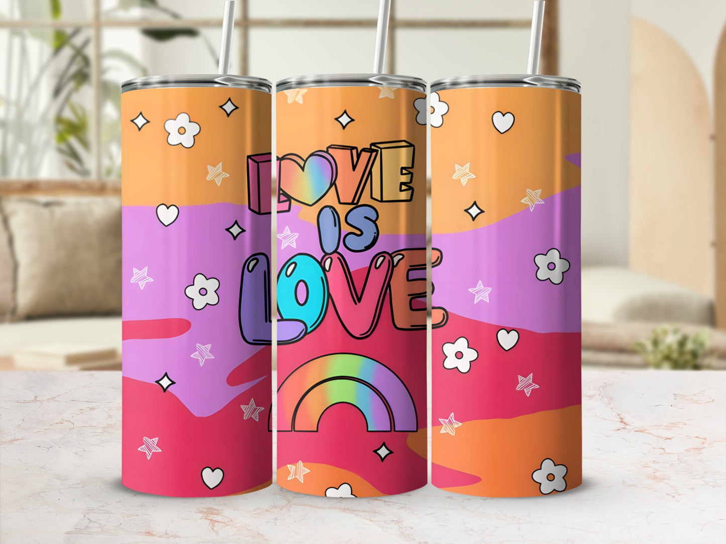 Tumbler with "Love is Love" text, rainbow, stars, and flowers on an orange and purple background.