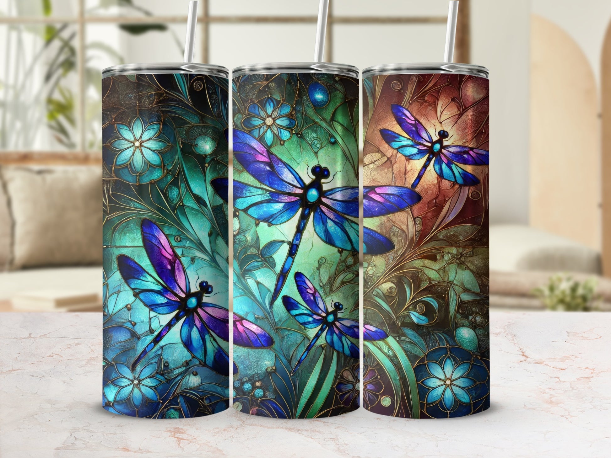 Colorful Dragonfly Design Tumbler with Straw
