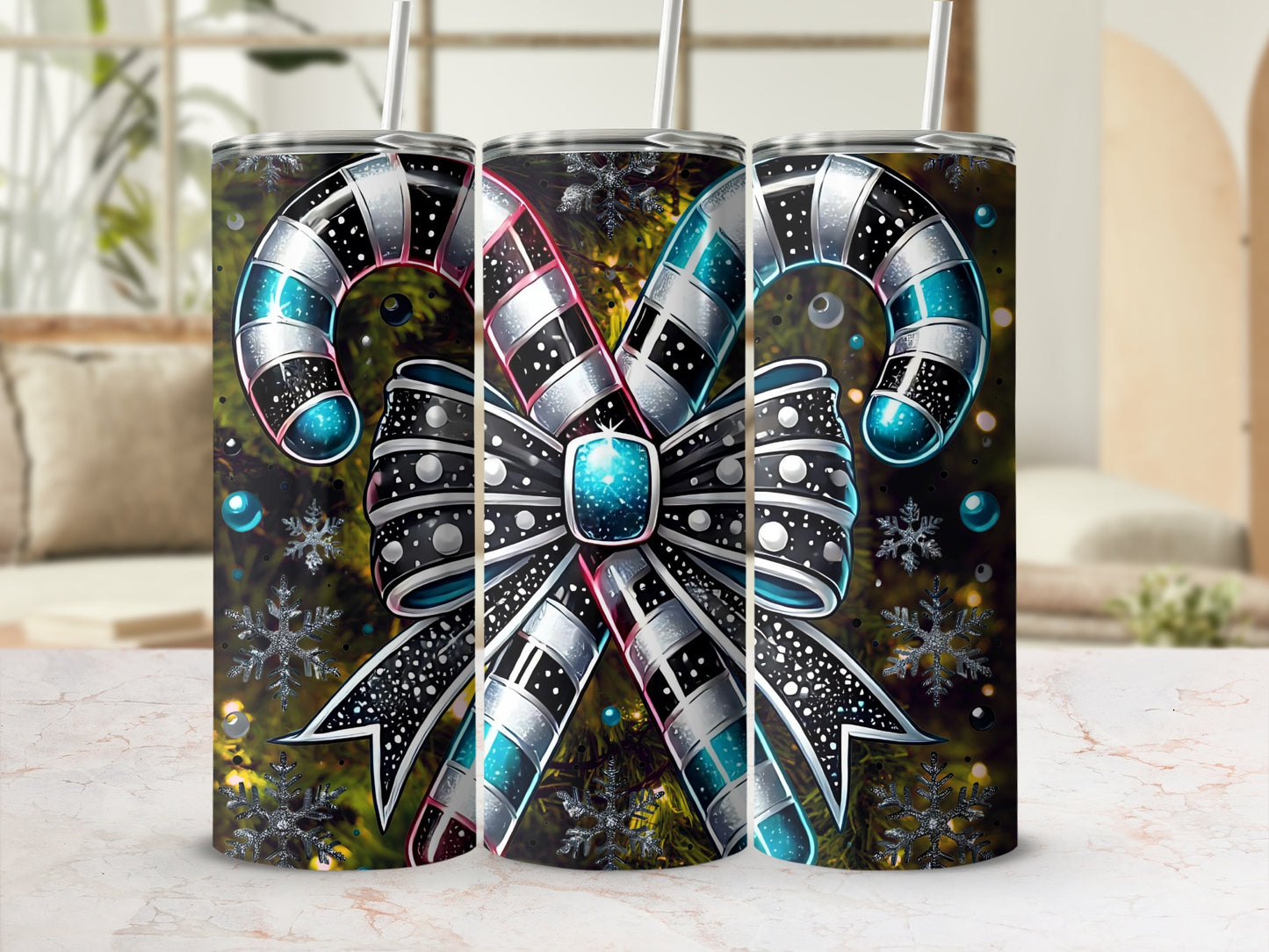 Festive Candy Cane and Bow Designed Tumbler Product