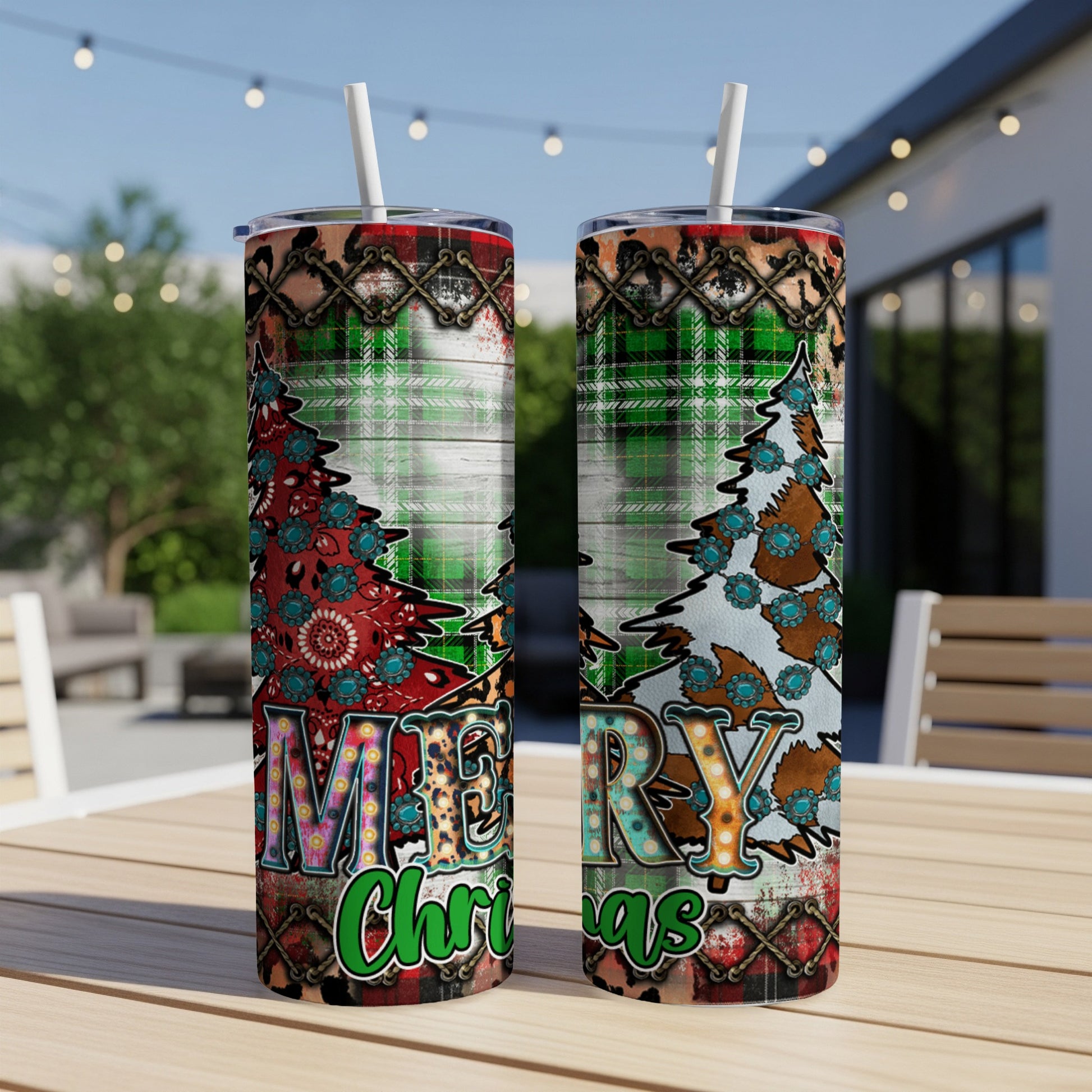 Two tumblers with a Merry Christmas design, featuring trees and plaid.