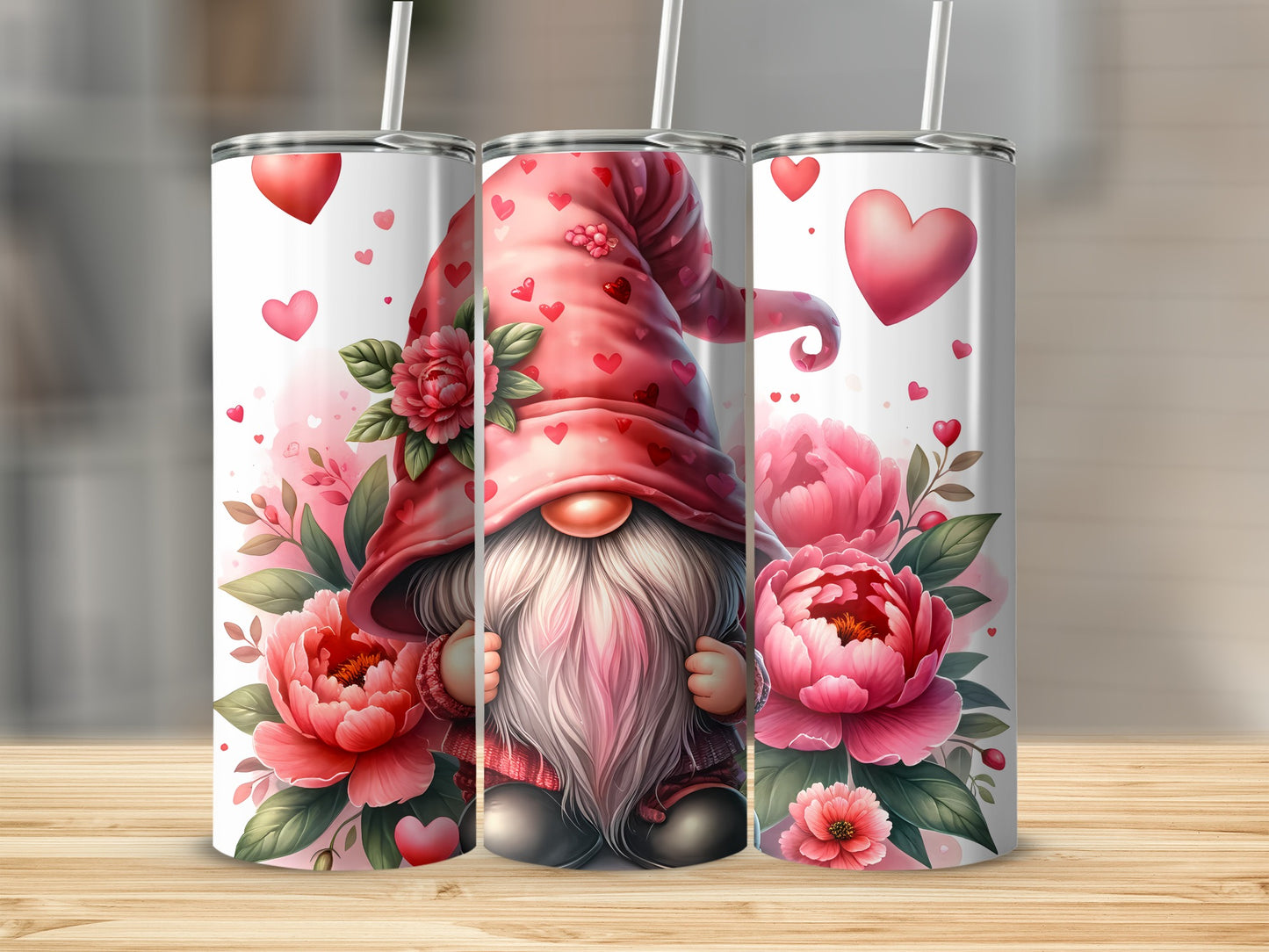 Pink gnome with heart-patterned hat and peoníes on a white tumbler.