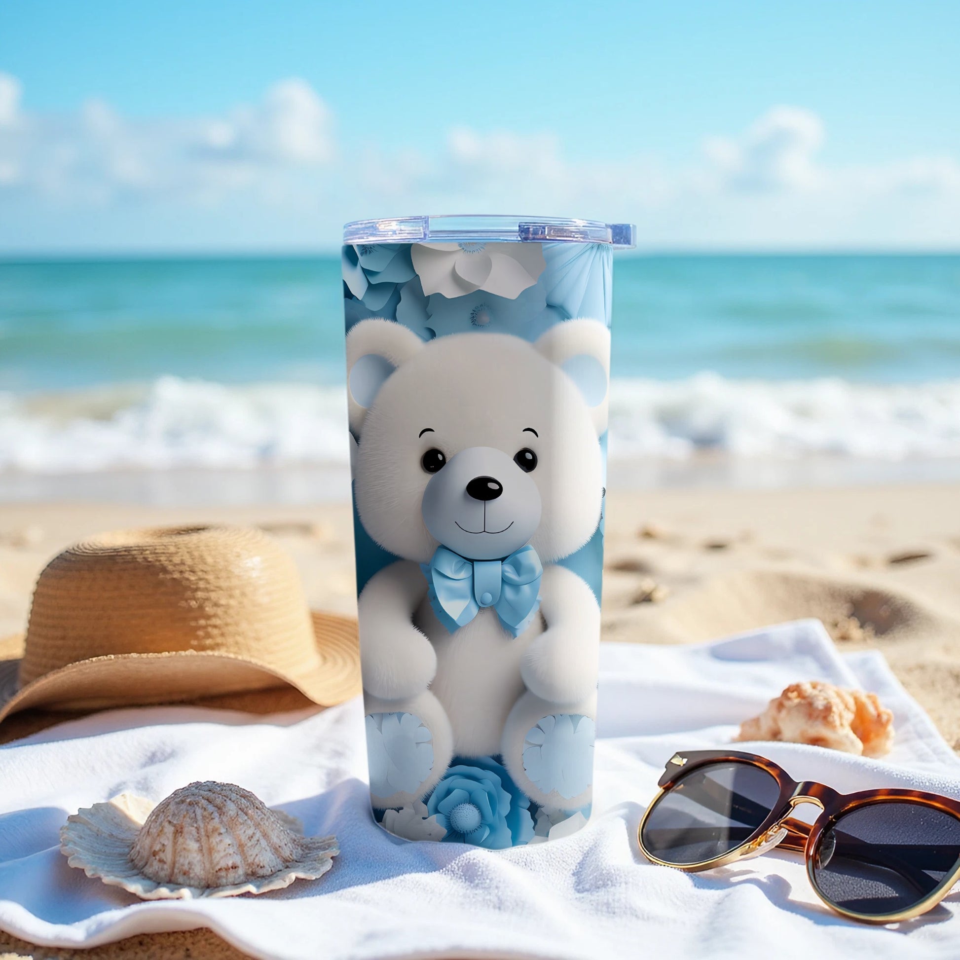 Adorable Teddy Bear Blue Flower Design Tumbler product type