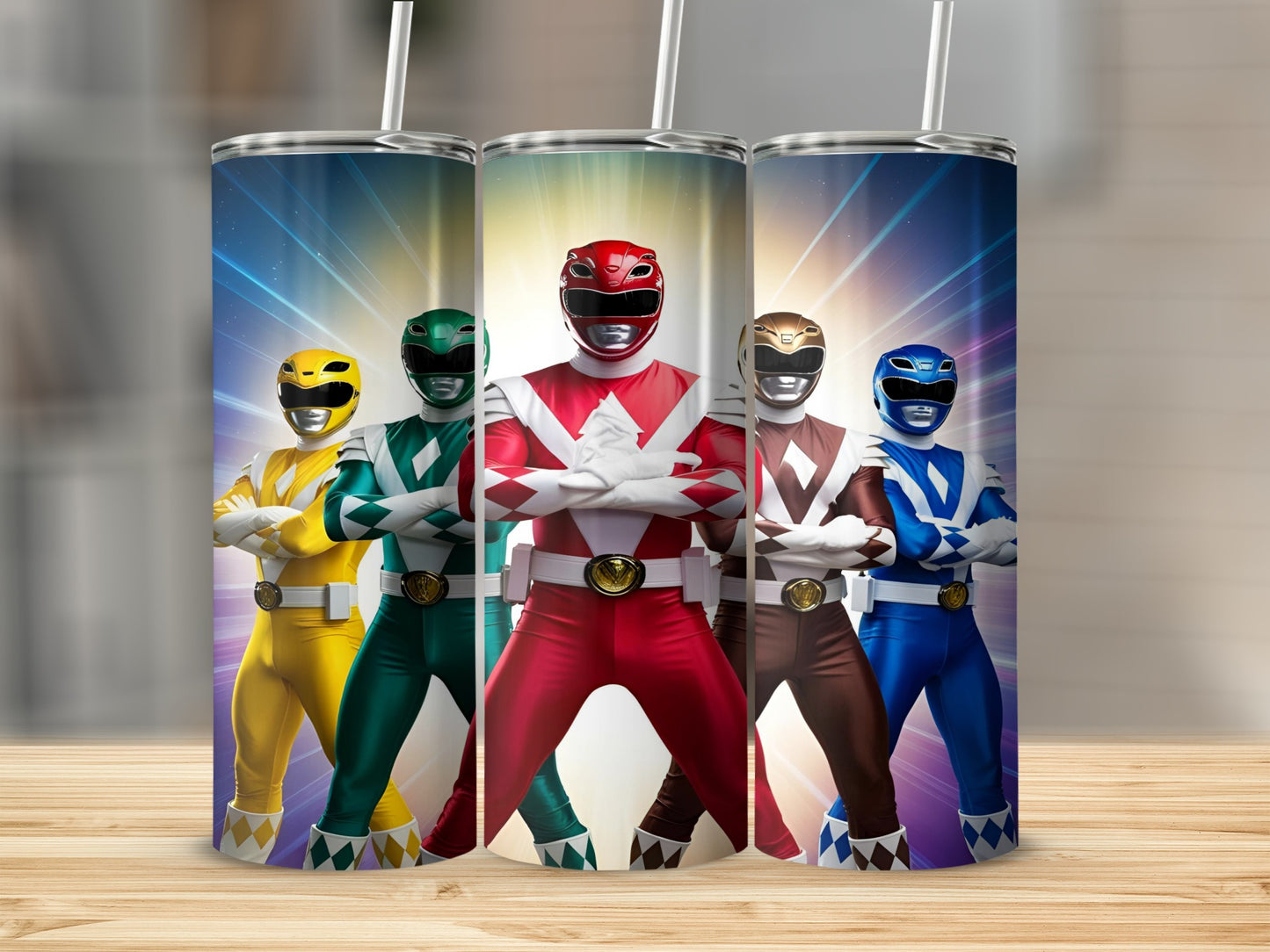 Five Power Rangers standing in a row, front view.