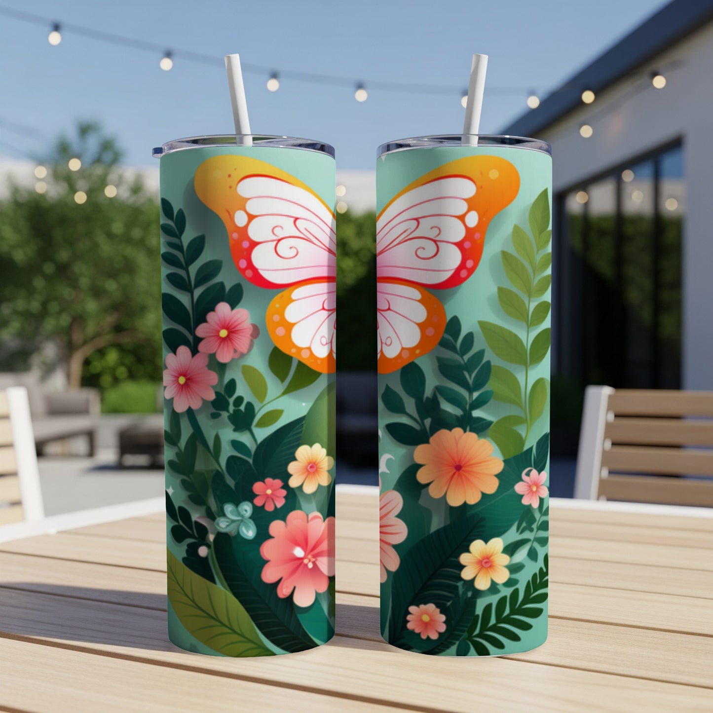 Two tumblers with a floral butterfly design sit on a wooden table.