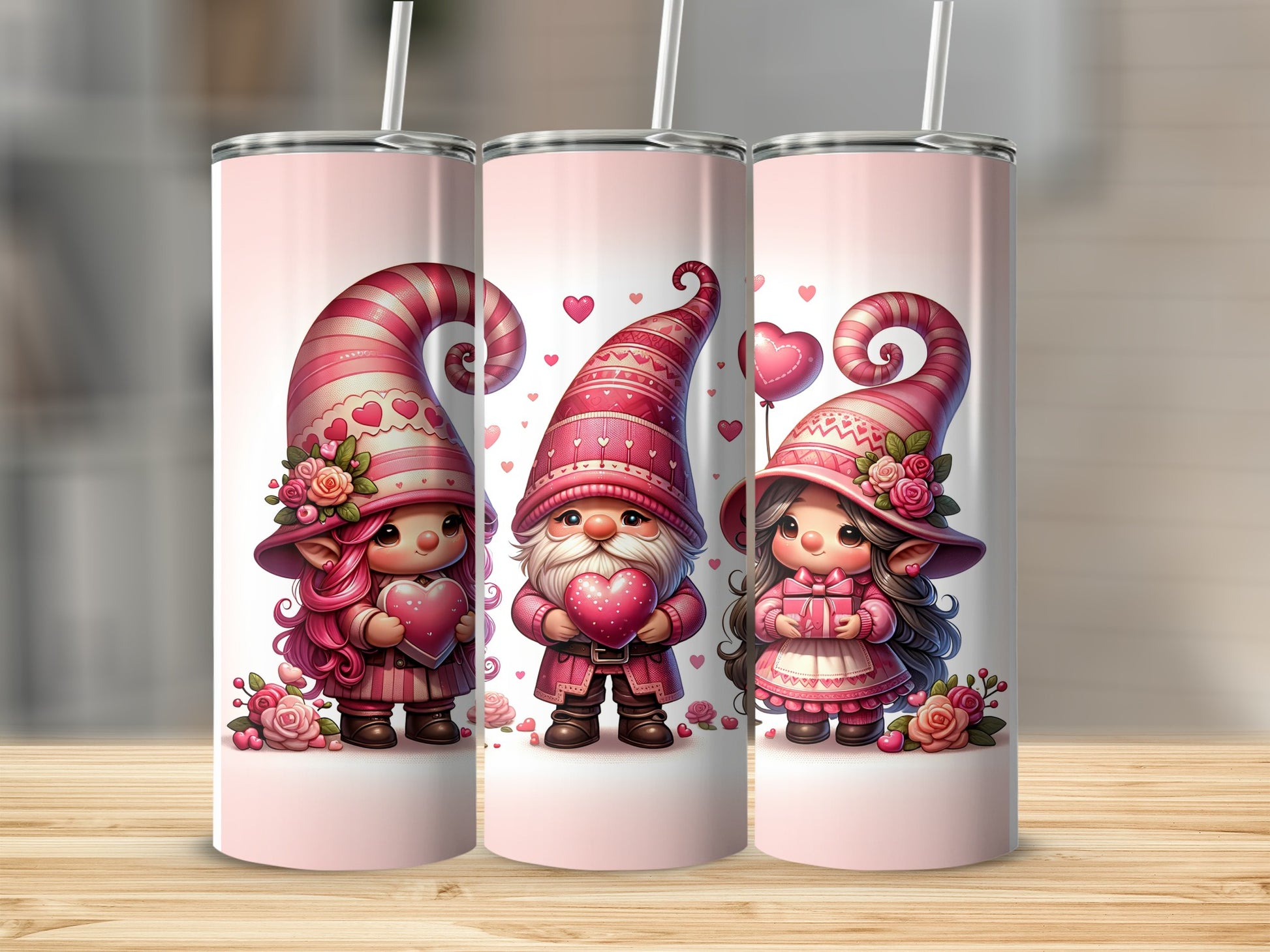 Three gnomes with hearts and pink hats, holding gifts and balloons.
