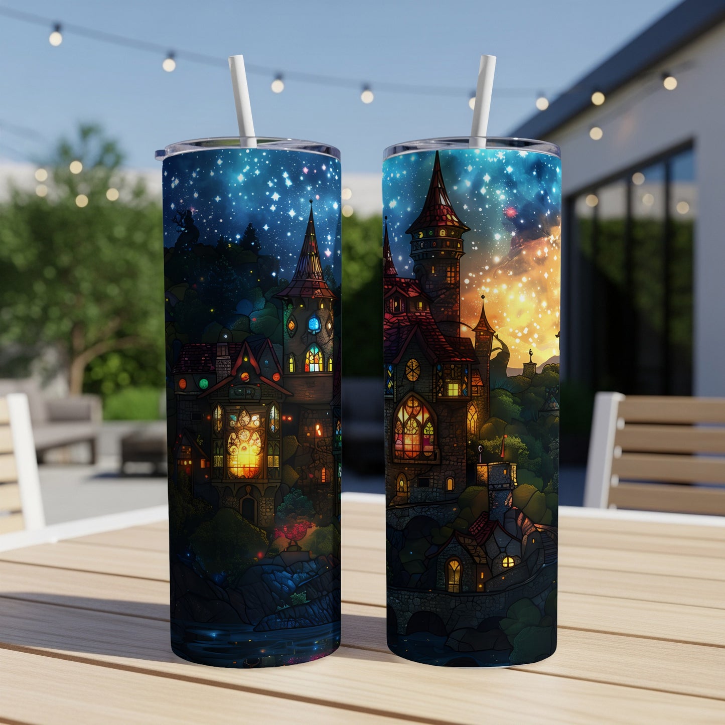 Two colorful tumblers featuring a fantasy castle and starry night sky design.