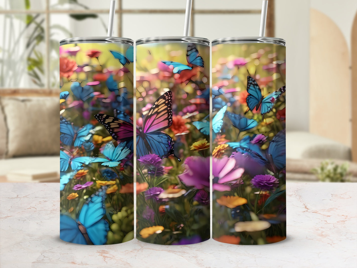 Colorful Flying Butterflies Blooming Flowers Tumbler product type
