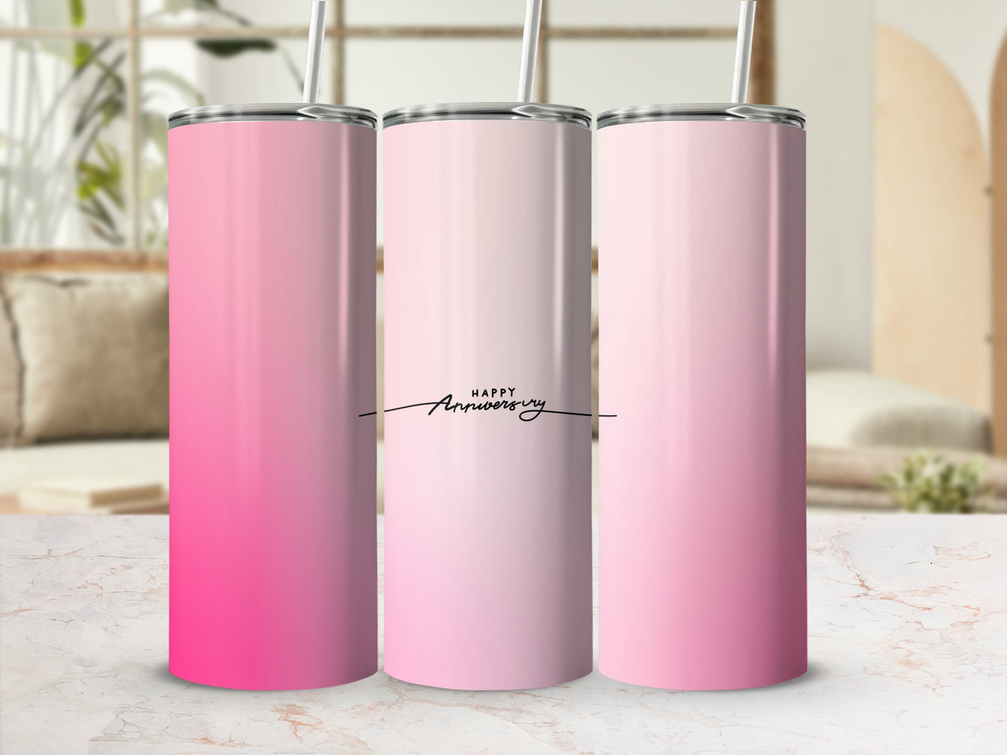 Pink gradient skinny tumbler with "Happy Anniversary" in script.