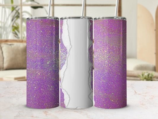Three glittery purple tumblers with ripped paper design in center.