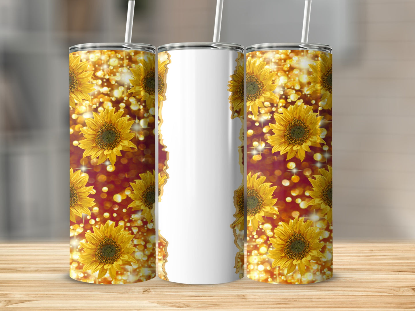 White tumbler with sunflowers and bokeh effect.