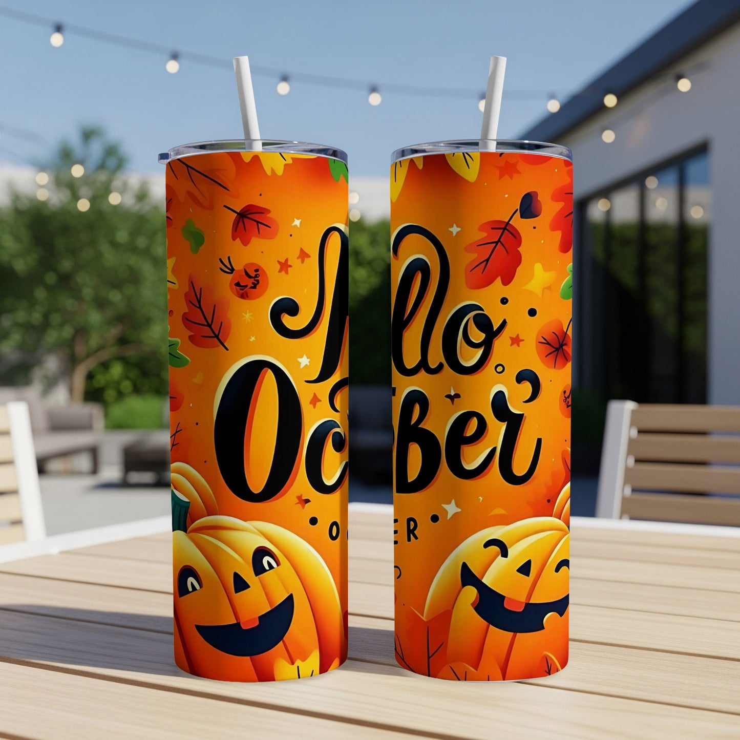 Two tumblers with "Hello October" text, pumpkins, and autumn leaves.