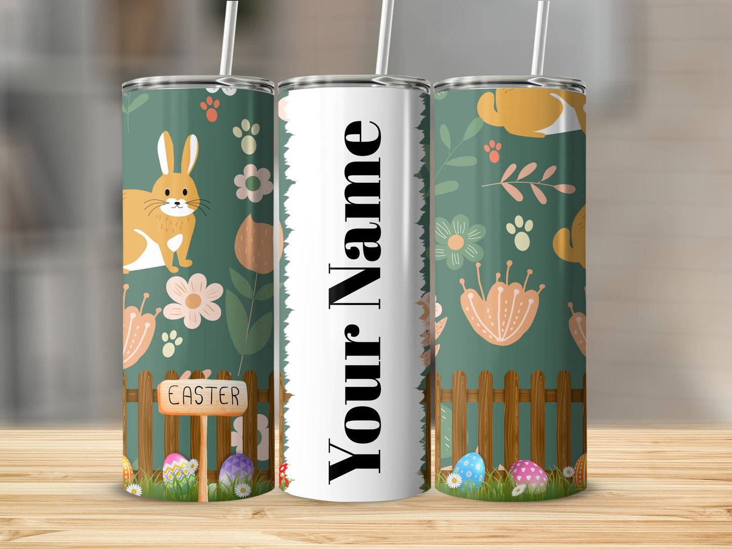 Personalized Easter Bunny and Flowers Tumbler