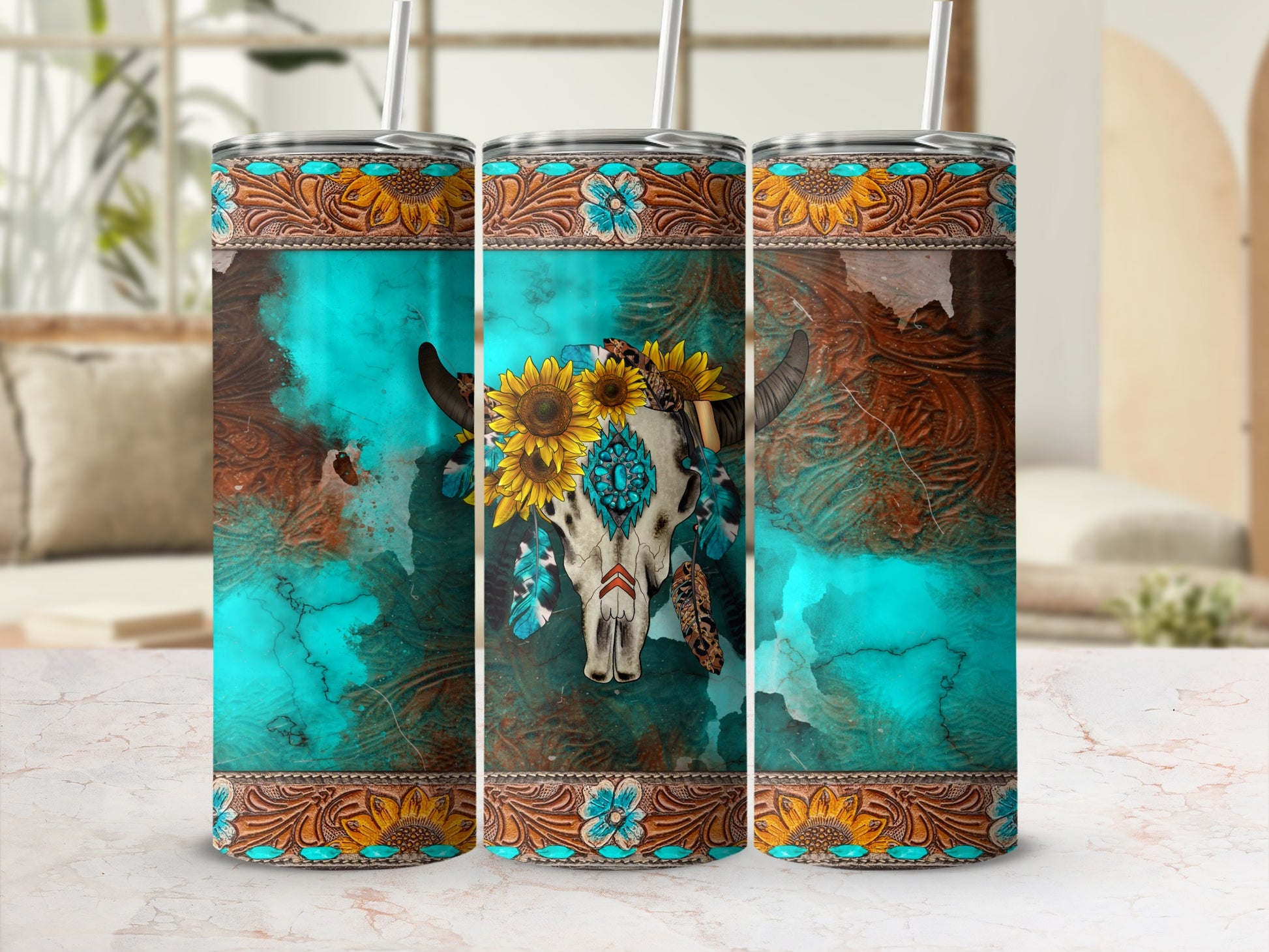 Cow skull with sunflowers and feathers on distressed turquoise background.