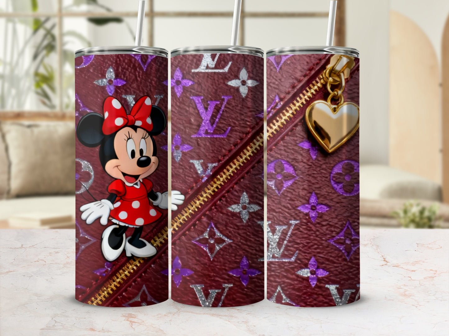 Minnie Mouse tumbler with repeating LV-style monogram pattern.