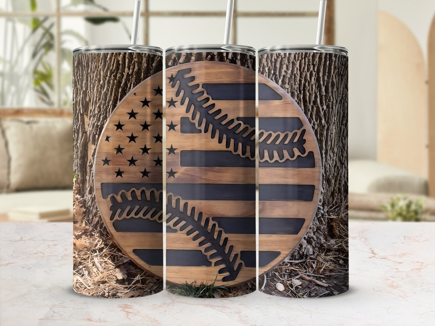 Patriotic Baseball Flag Design Tumbler with Wood Background