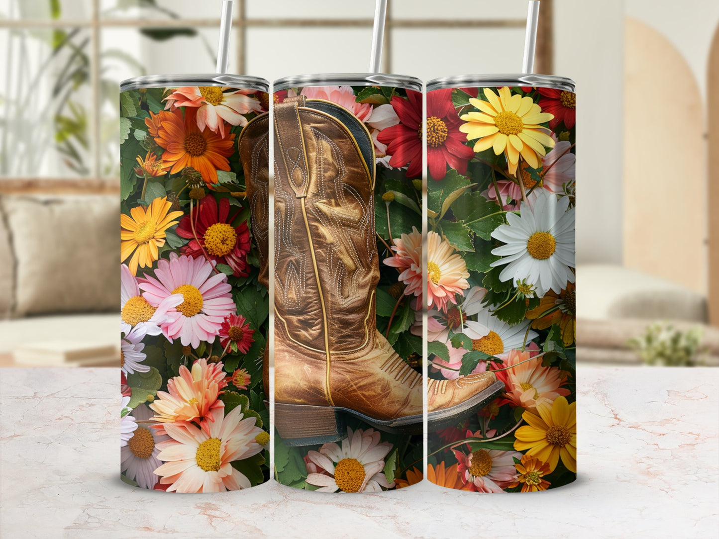 Golden cowboy boot with floral background on a tumbler.