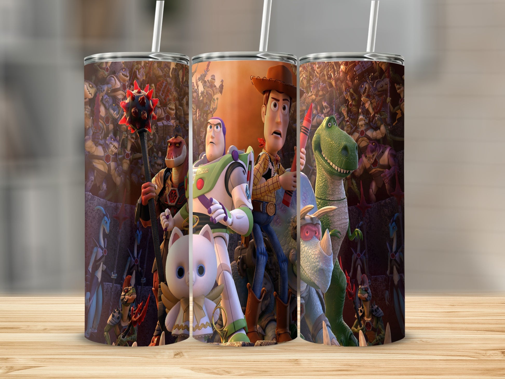 Toy Story characters on tumbler cup with lid and straw