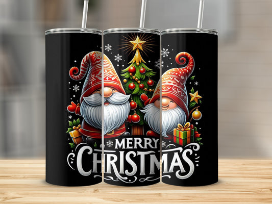 Two gnomes and a Christmas tree on a black tumbler with "Merry Christmas" text.