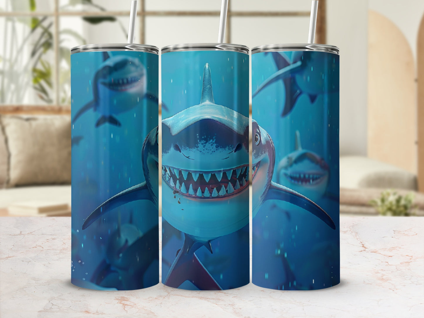 Three tumblers with a close-up of a shark's open mouth and sharp teeth.