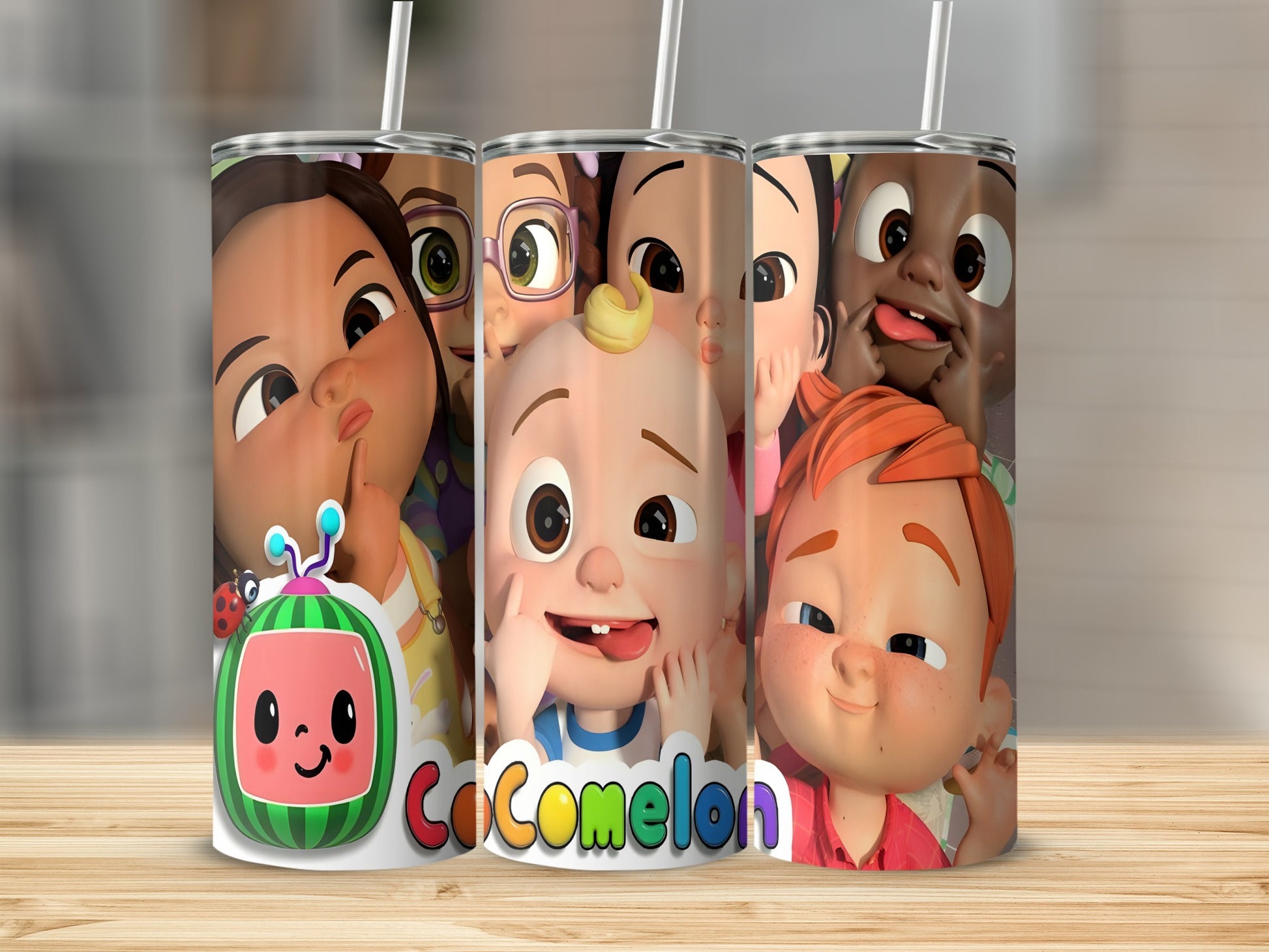 Cocomelon characters on tumblers with straws.