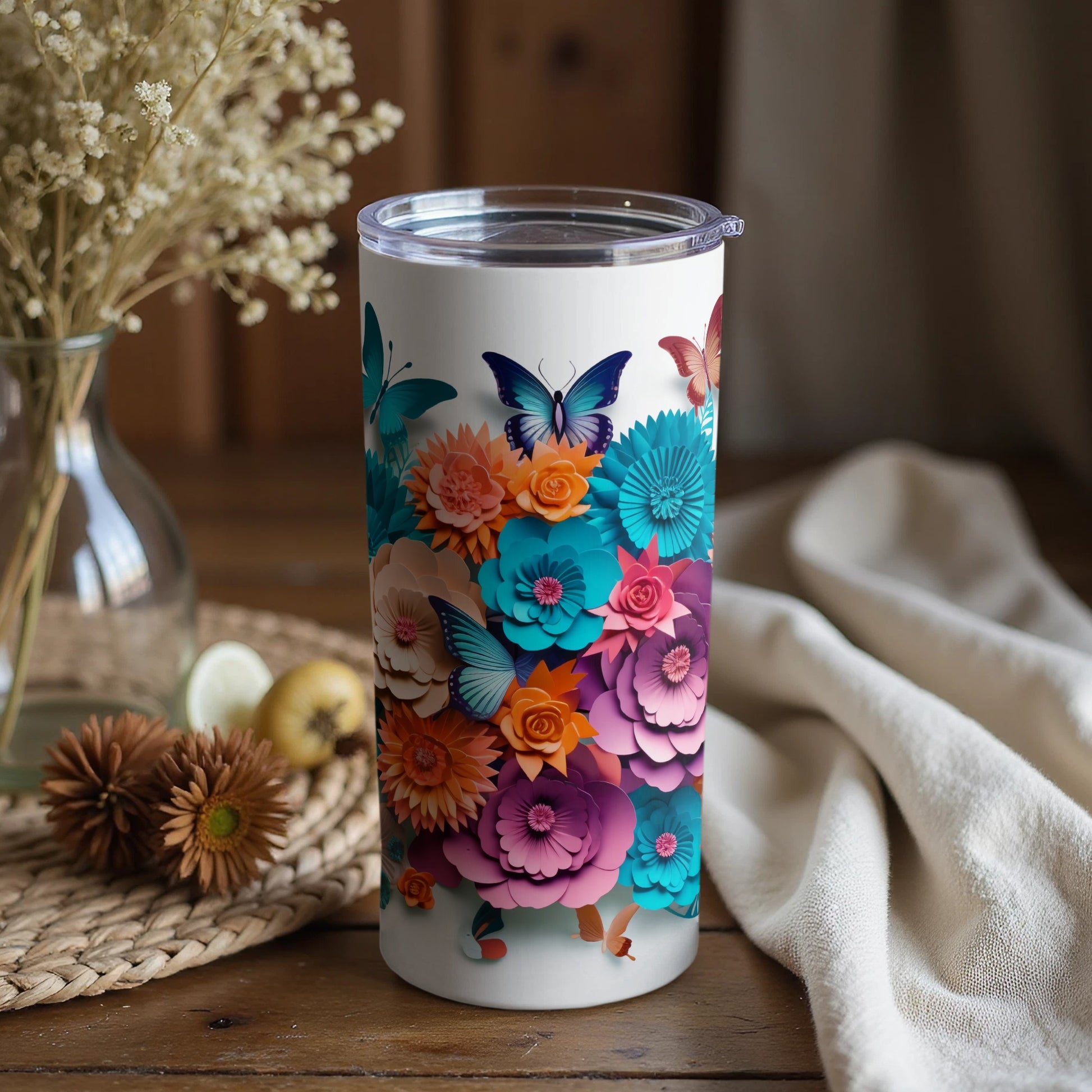 Colorful Butterfly and Flower Design Tumbler Cup