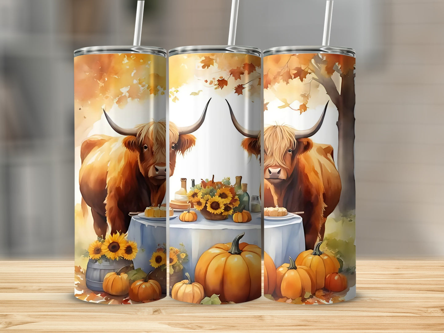 Autumn Highland Cow with Pumpkins and Sunflowers Tumbler