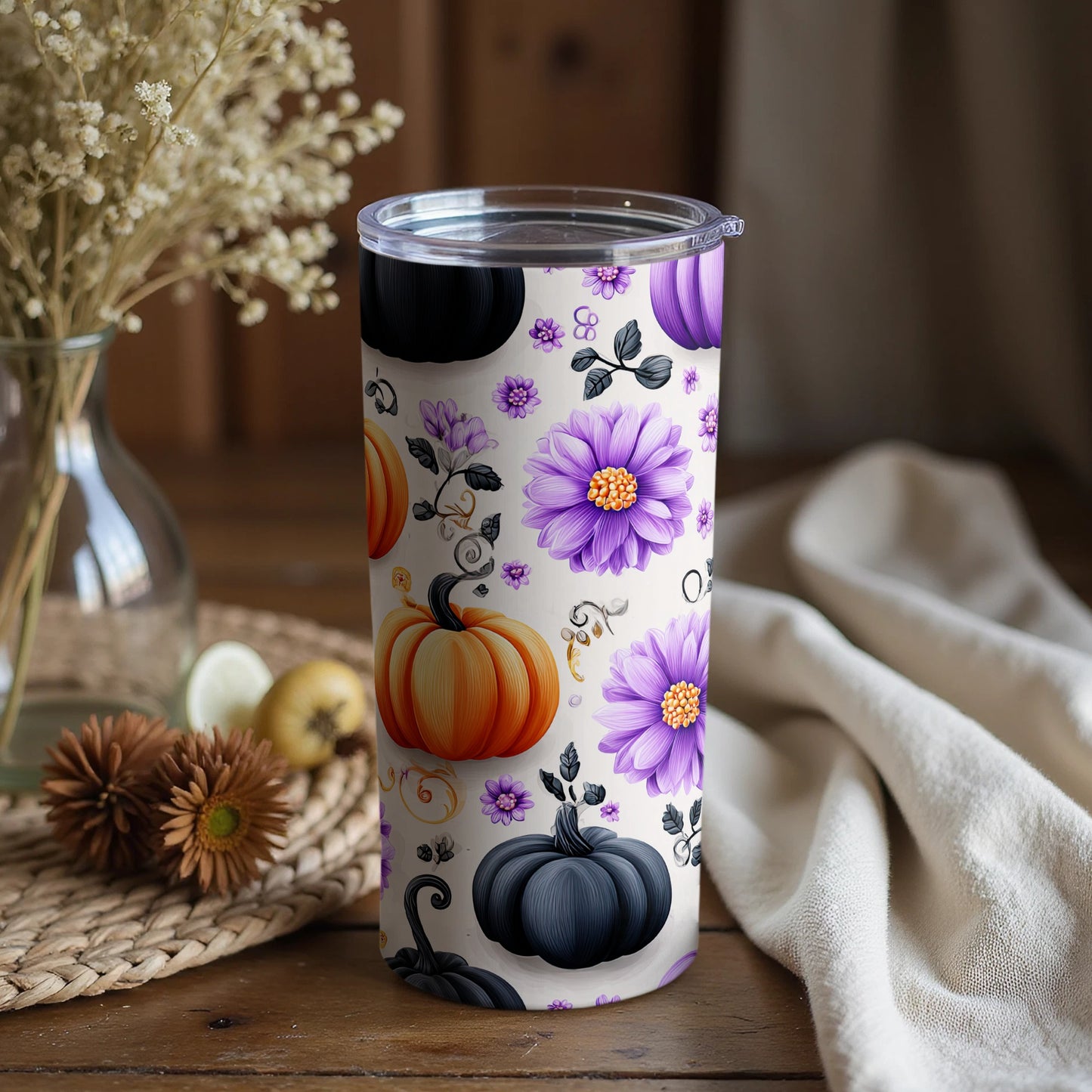 Floral and Pumpkin Design Tumbler for Festive Vibes