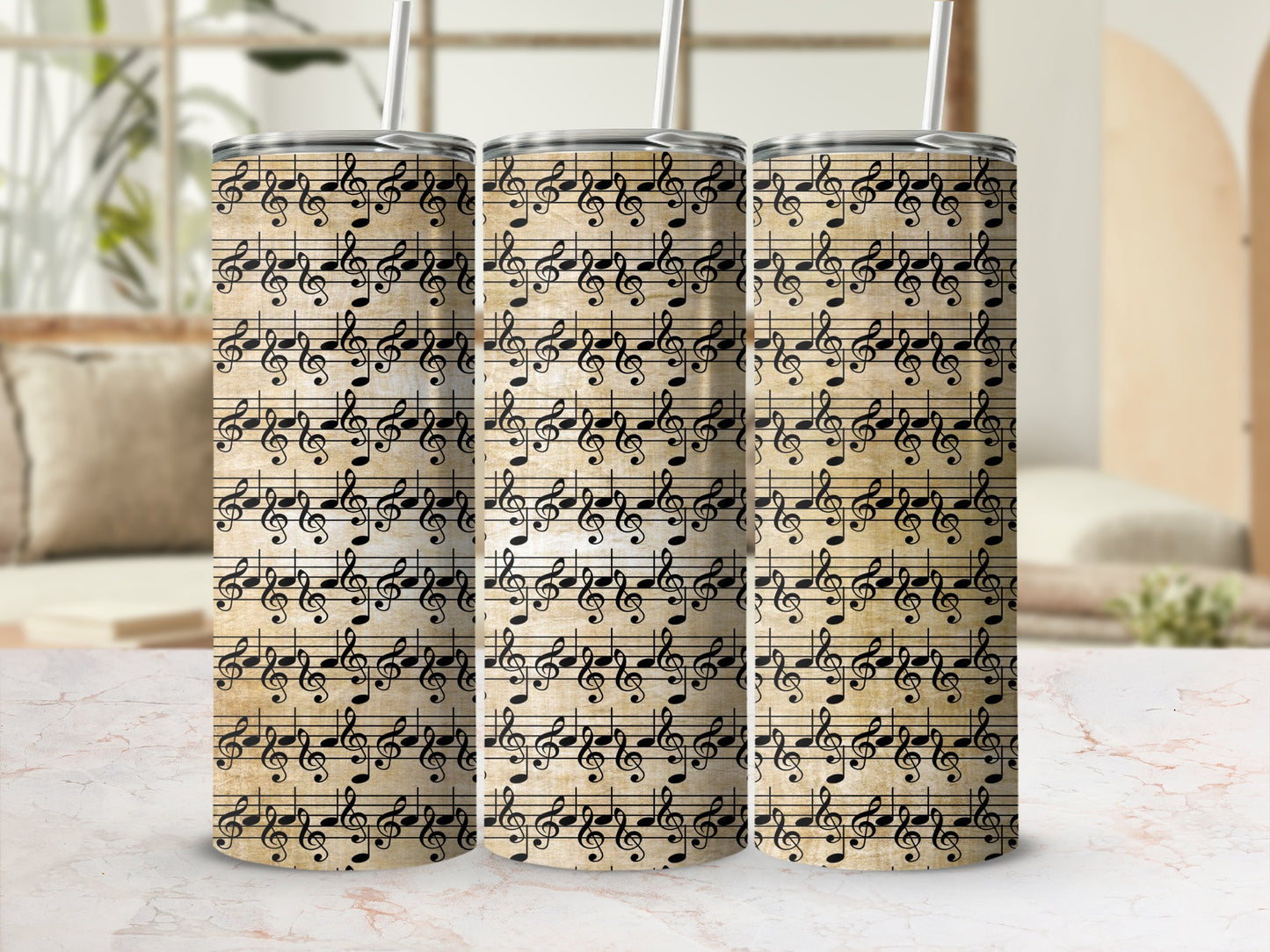 Three tumblers with a vintage musical staff and treble clef pattern.