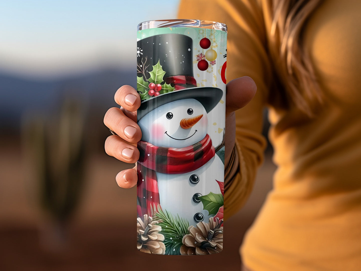 Festive Snowman Tumbler with Holiday Decorations