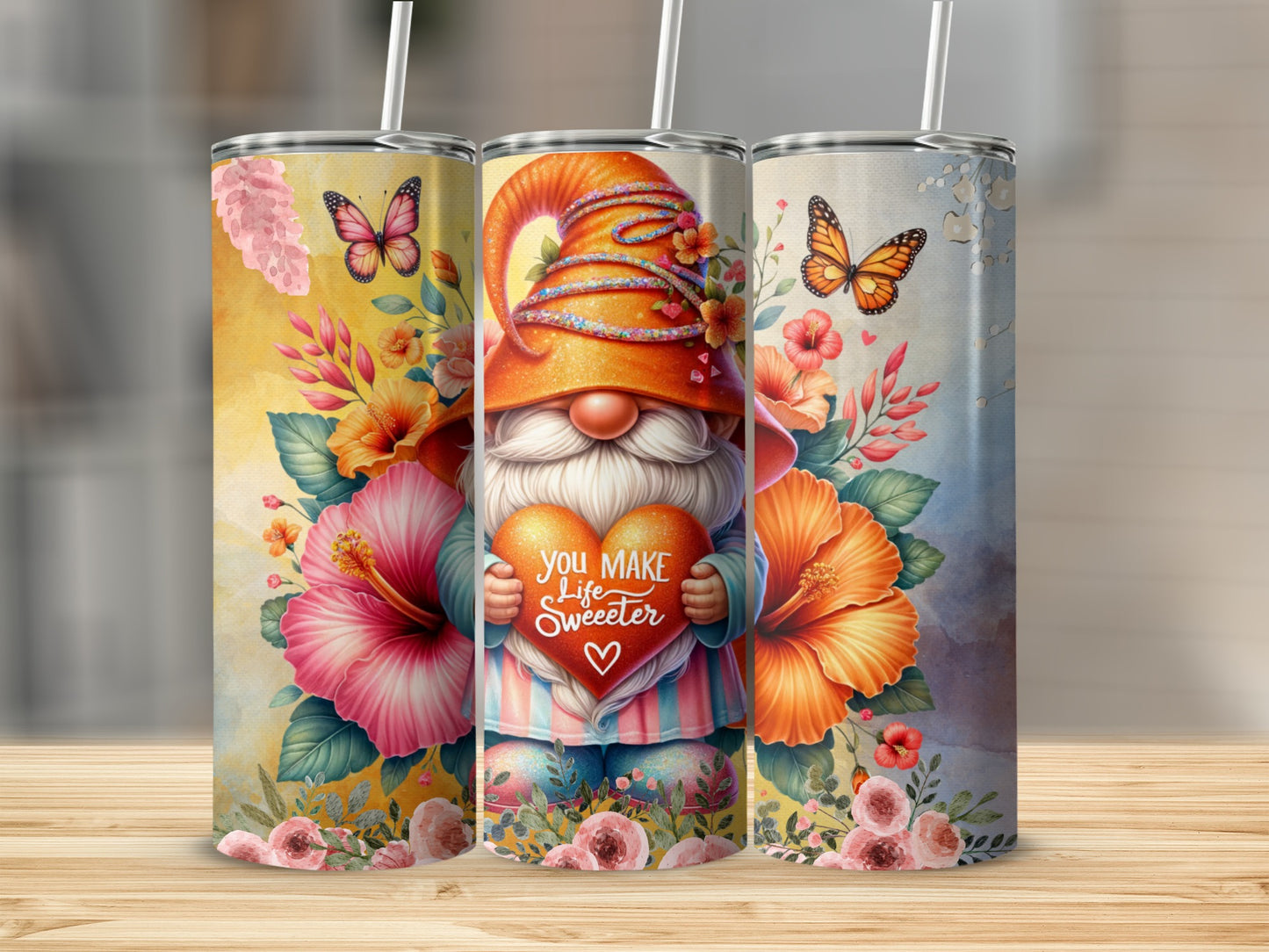 Gnome and Floral Design Tumbler with Butterflies