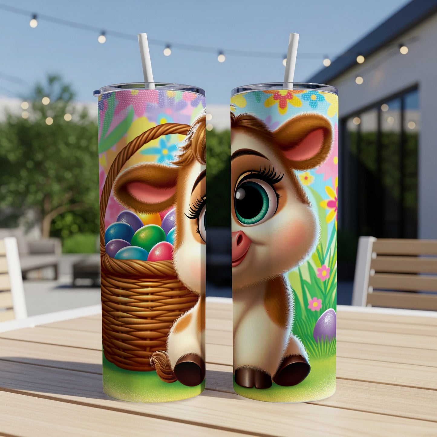 Cartoon calf with basket of Easter eggs on a tumbler.