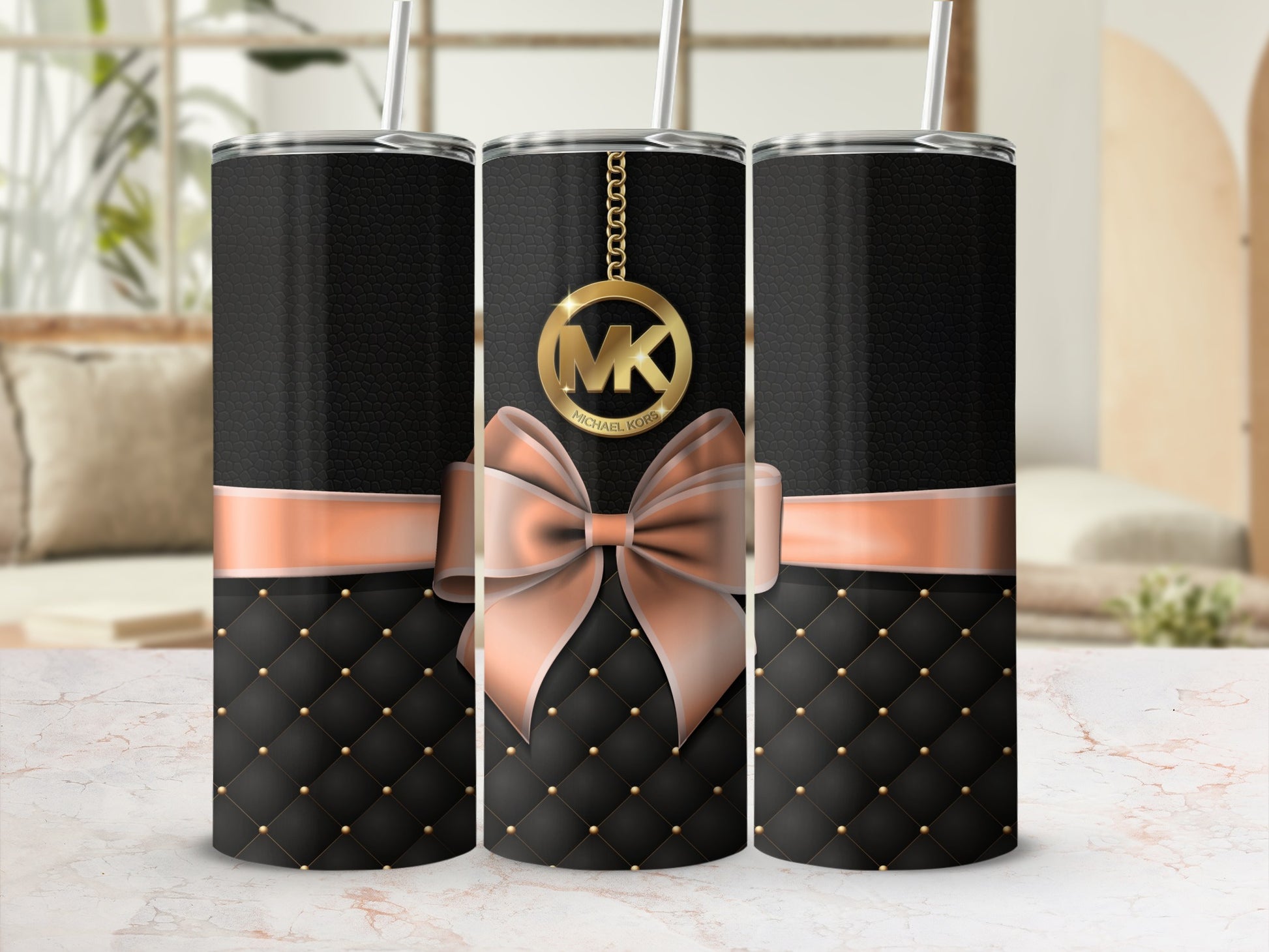 Sophisticated Black and Gold Ribbon Tumbler Drinkware