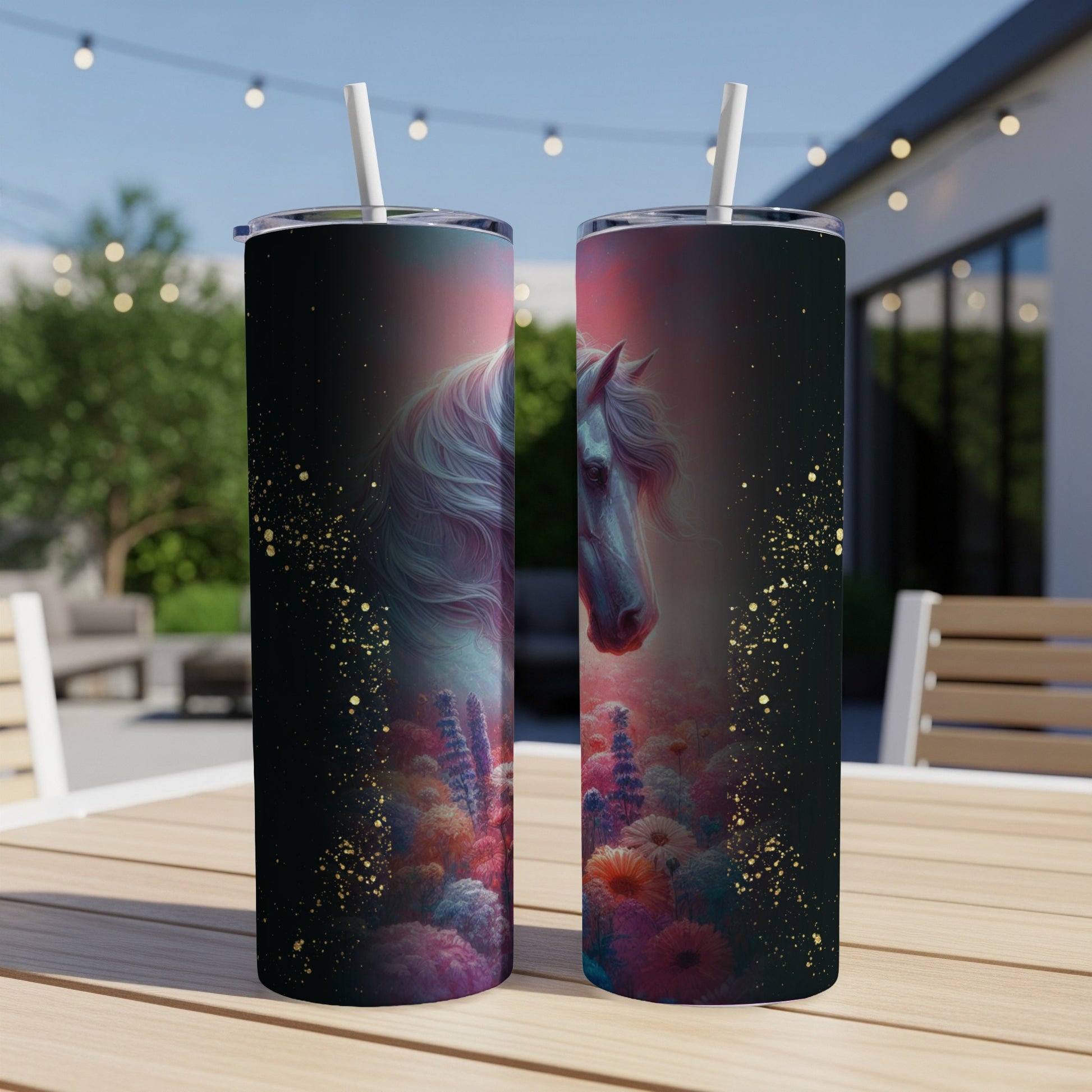 Two tumblers with a horse and floral design.