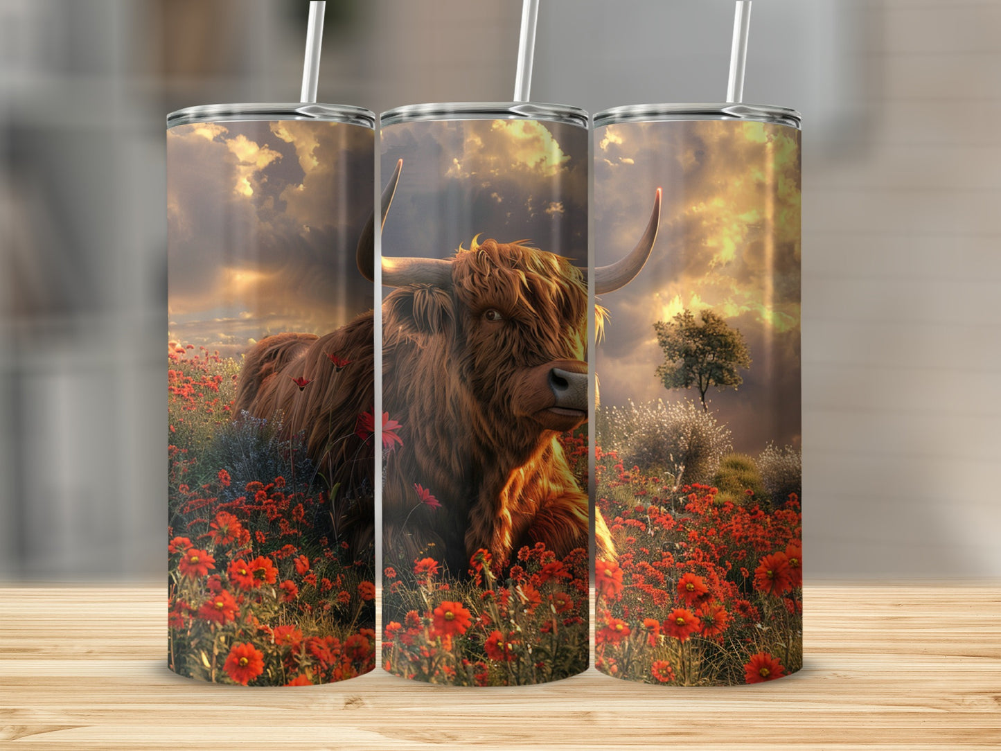 Highland cow in a field of red poppies under a dramatic sky.