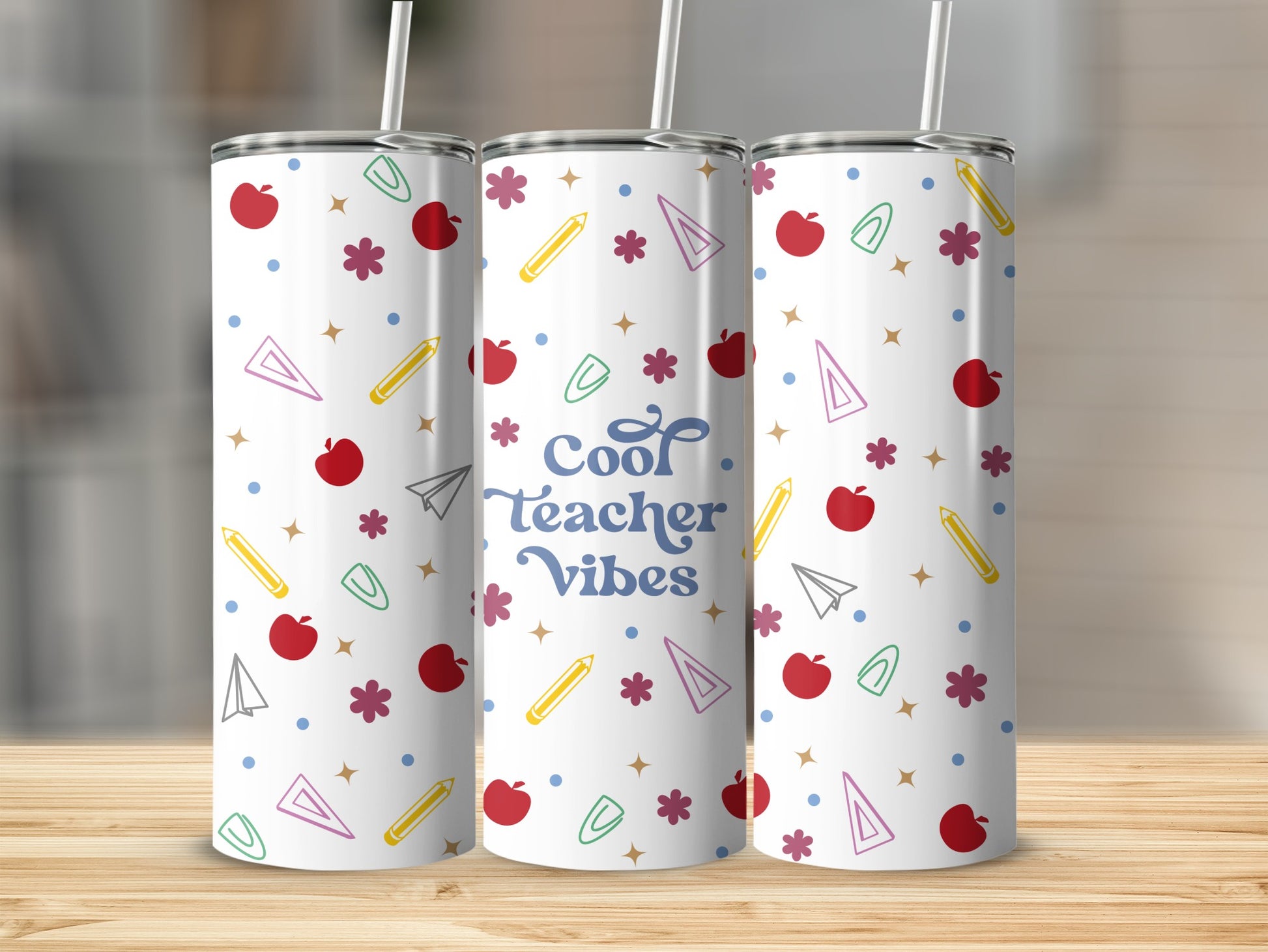 Trio of tumblers with "Cool Teacher Vibes" and school-themed icons.