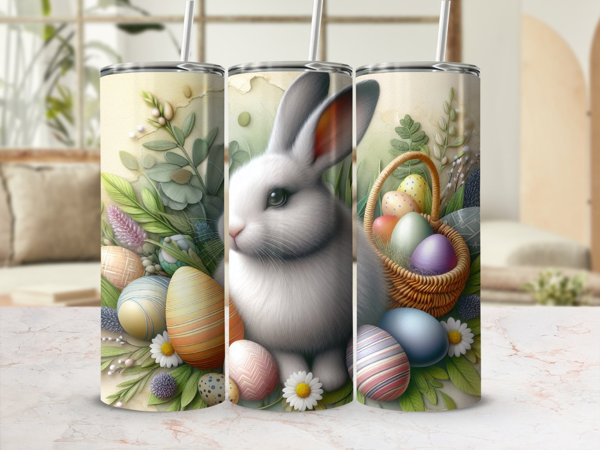Easter bunny with decorated eggs and floral accents on a tumbler.