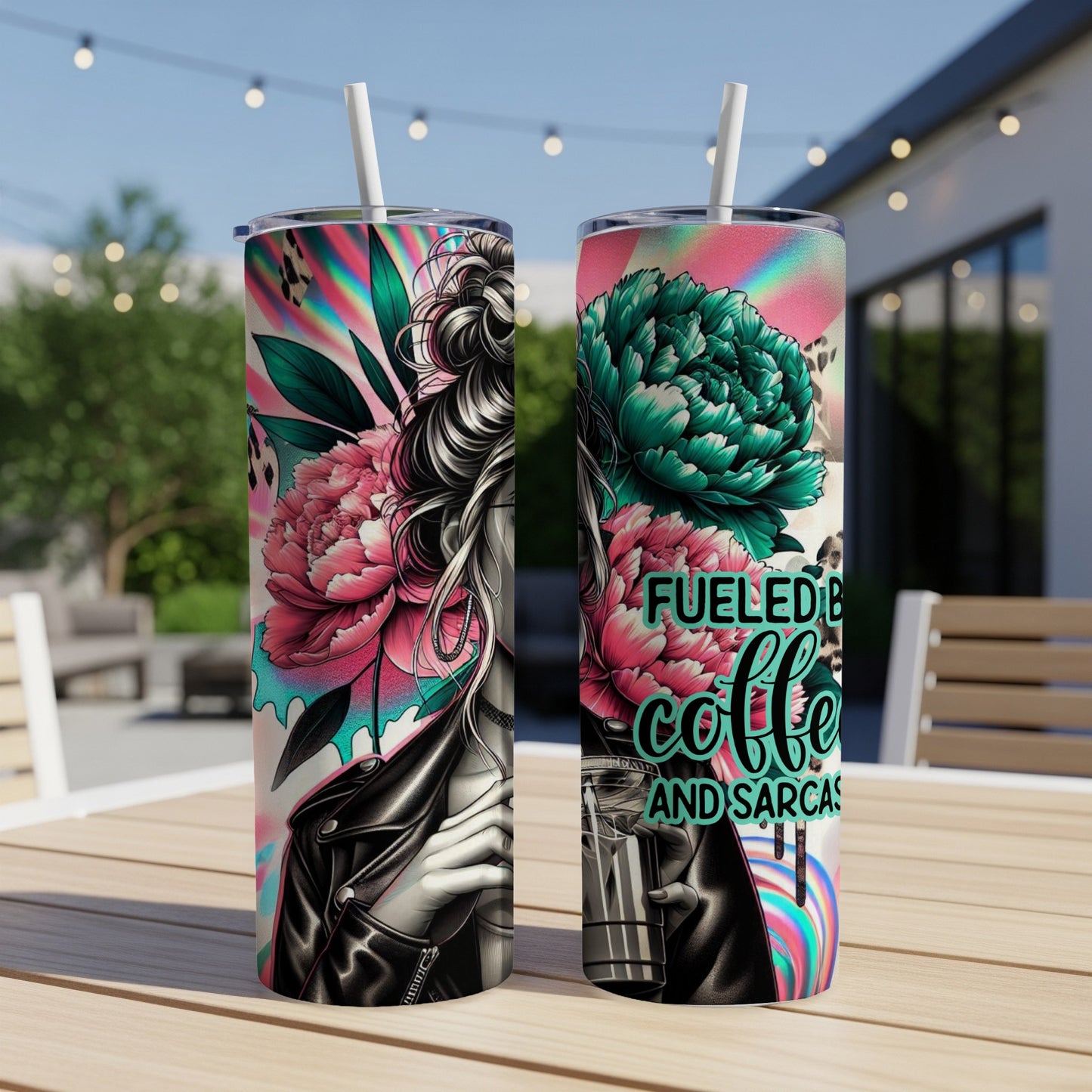 Two tumblers with floral and leopard print, "Fueled by coffee and sarcasm" text.
