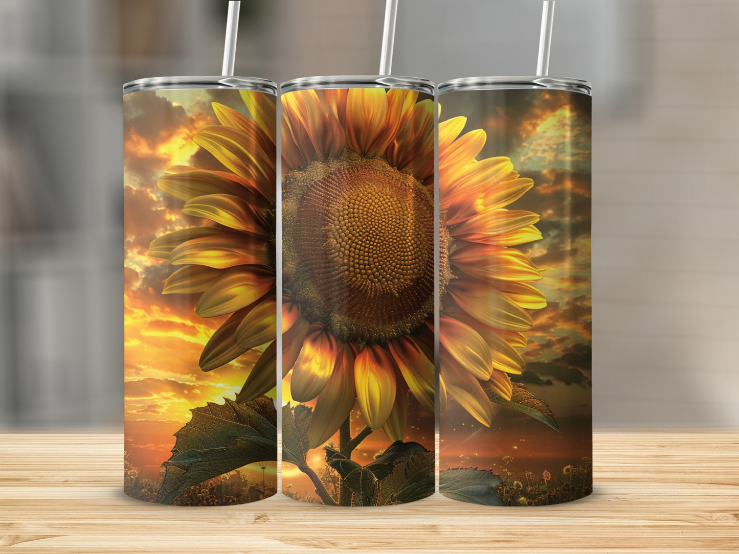Sunflower design on a tumbler with a sunset background.
