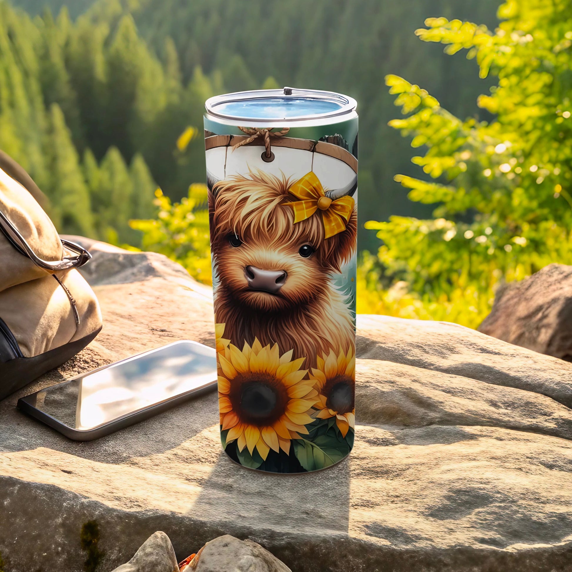 Cute Highland Cow with Sunflowers Outdoor Tumbler