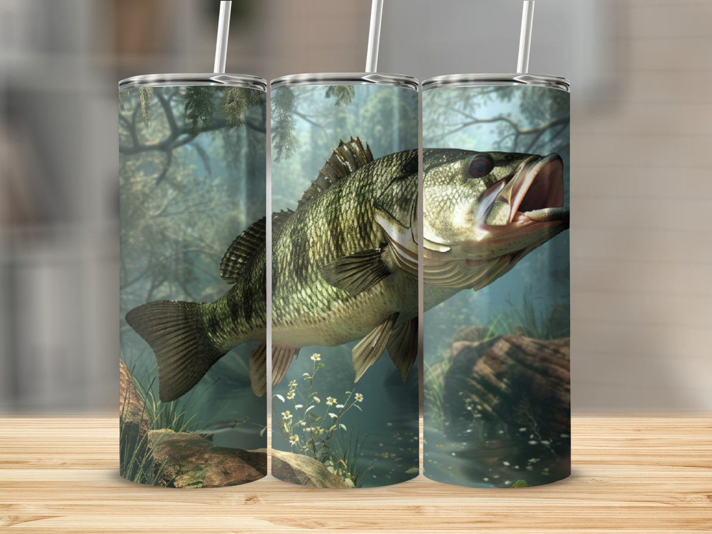 Largemouth bass leaps from murky water against a wooded background.