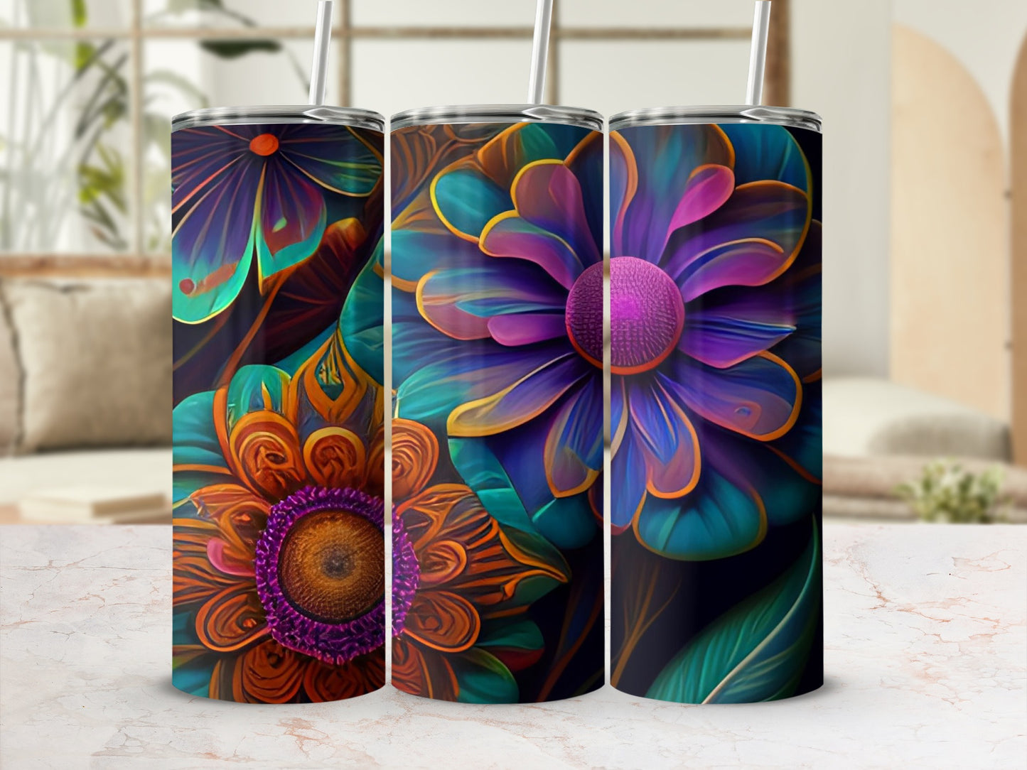 Colorful Floral Print Insulated Tumbler with Straw