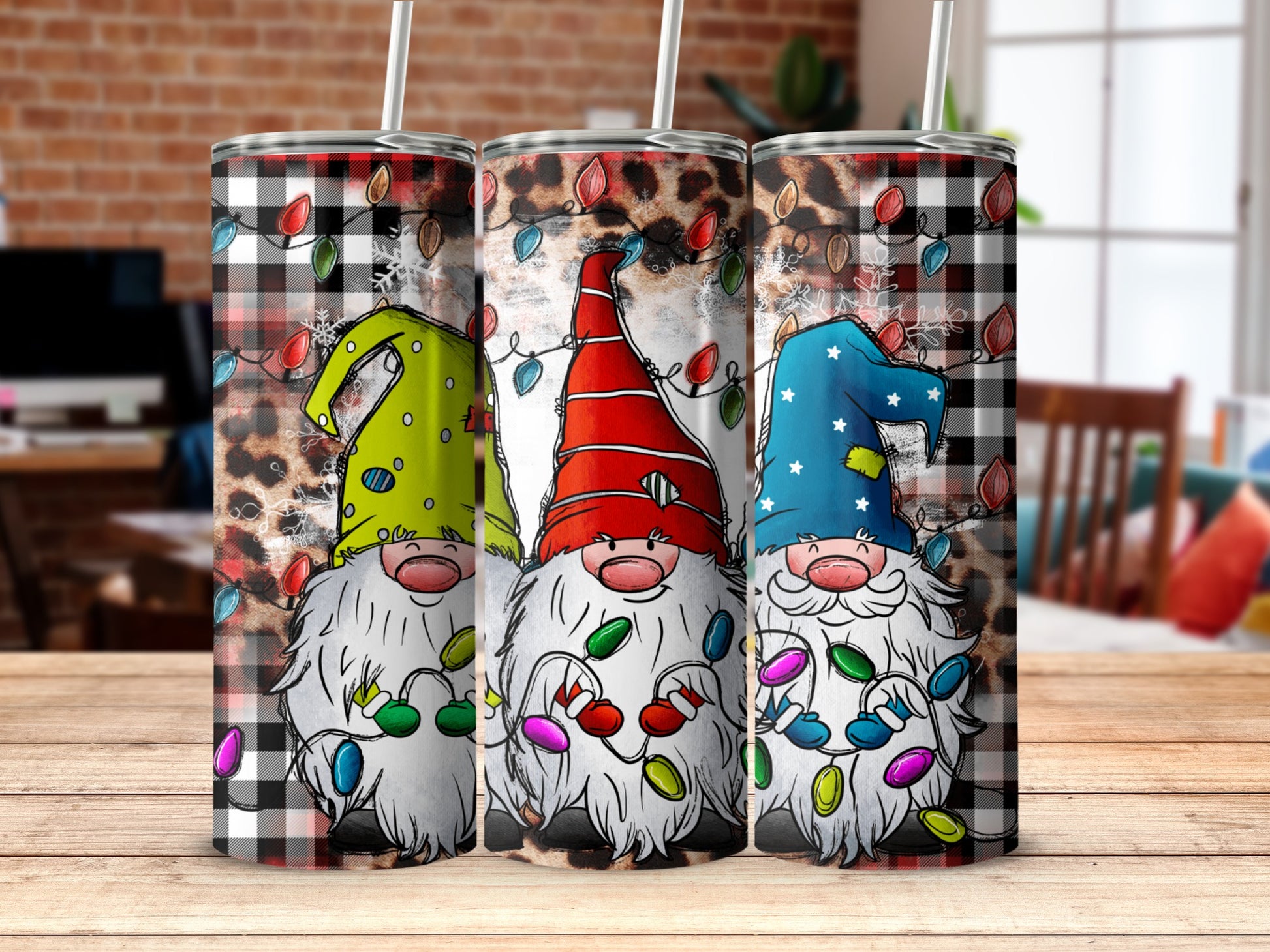 Three gnomes with colorful Christmas lights and plaid pattern.