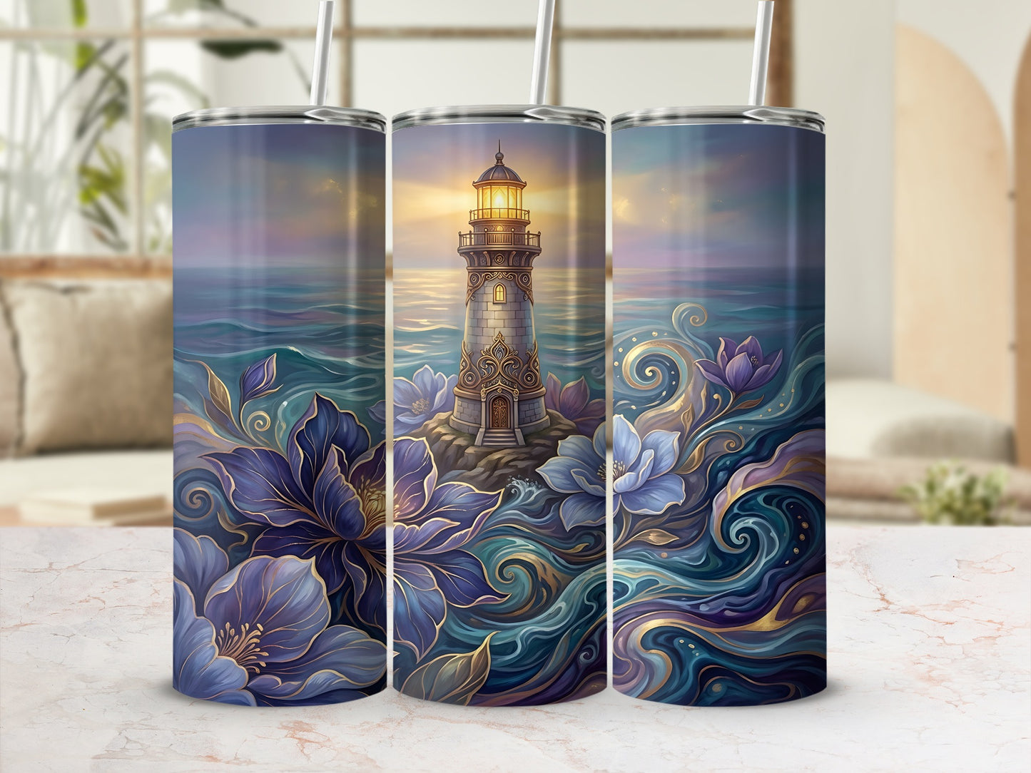 Three tumblers with lighthouse and floral ocean sunset design.