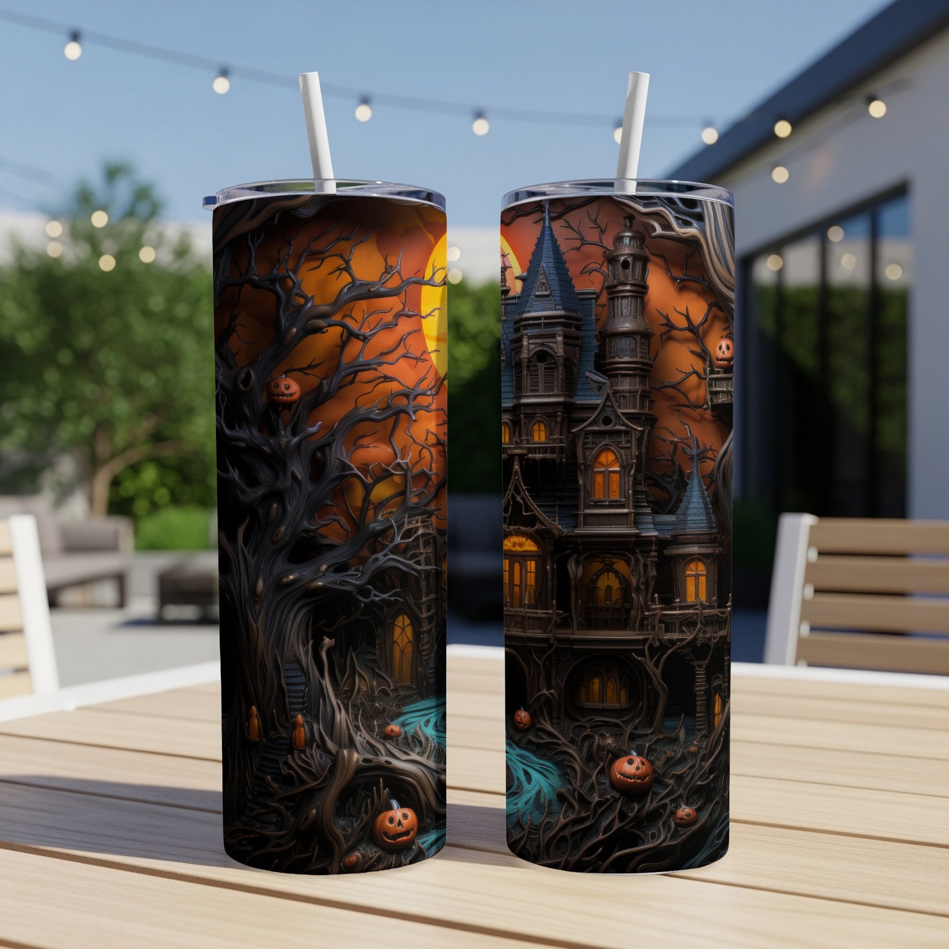 Two tumblers with Halloween haunted house and pumpkin designs on a table.