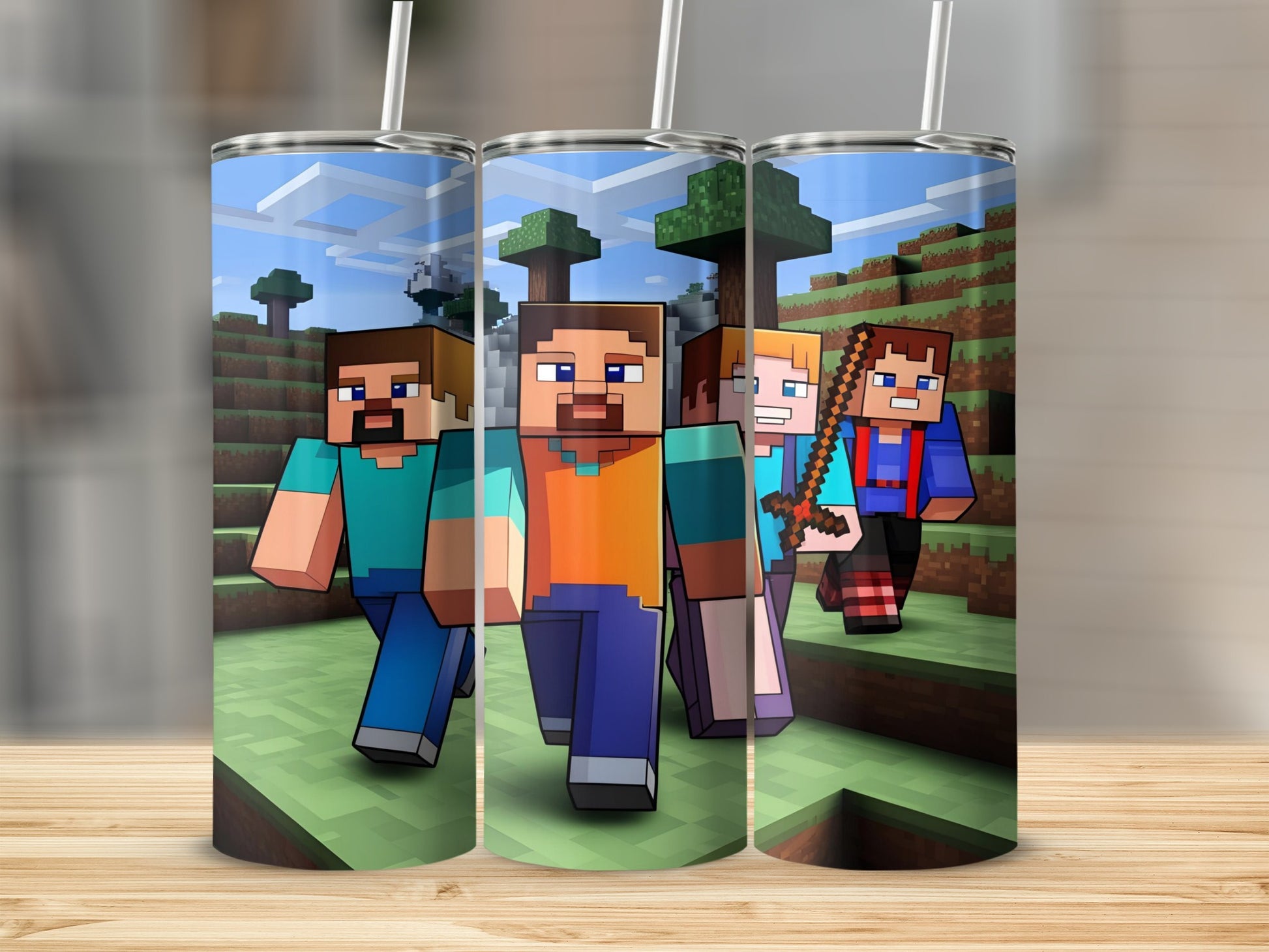 Minecraft characters walking across a blocky landscape.